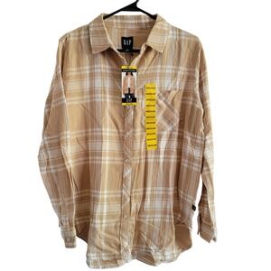 GAP Relaxed Fit Flannel Shirt Plaid Long Sleeve Button‎ Up Tan White Medium